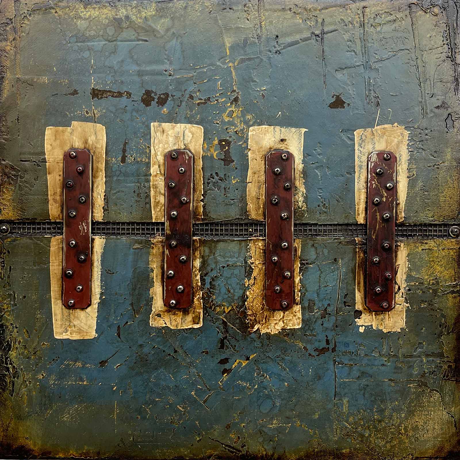 Abstract, assemblage art titled: Four 12ga Strap Ties Across a Textured Surface