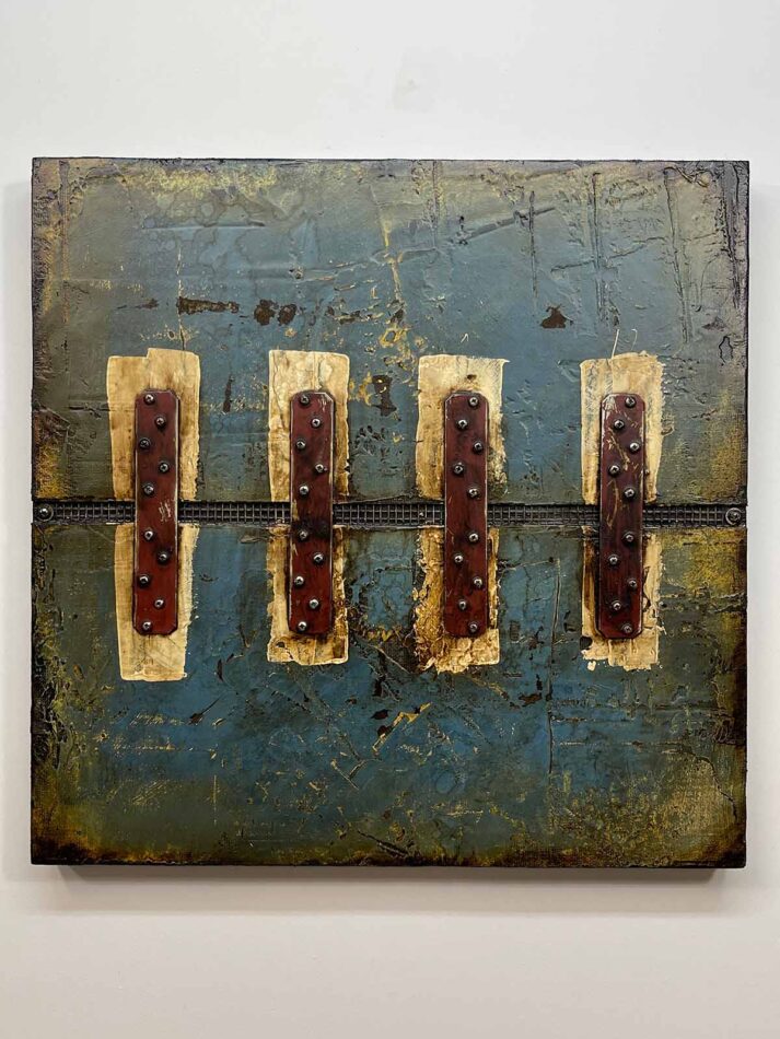 Abstract art with assemblage elements | Artist: Domenick Naccarato | Title: Four 12ga Strap Ties Across a Textured Surface | Dimensions: 23.5" x 23.5" | Mediums: strap ties, screws, washers, wire mesh, latex paint, oil stick, roofing tar, and polyurethane on plywood | Year: 2021