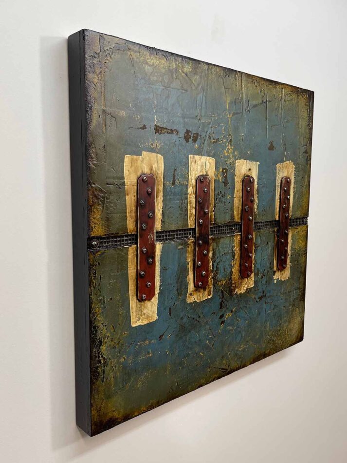 Abstract art with assemblage elements | Artist: Domenick Naccarato | Title: Four 12ga Strap Ties Across a Textured Surface | Dimensions: 23.5" x 23.5" | Mediums: strap ties, screws, washers, wire mesh, latex paint, oil stick, roofing tar, and polyurethane on plywood | Year: 2021