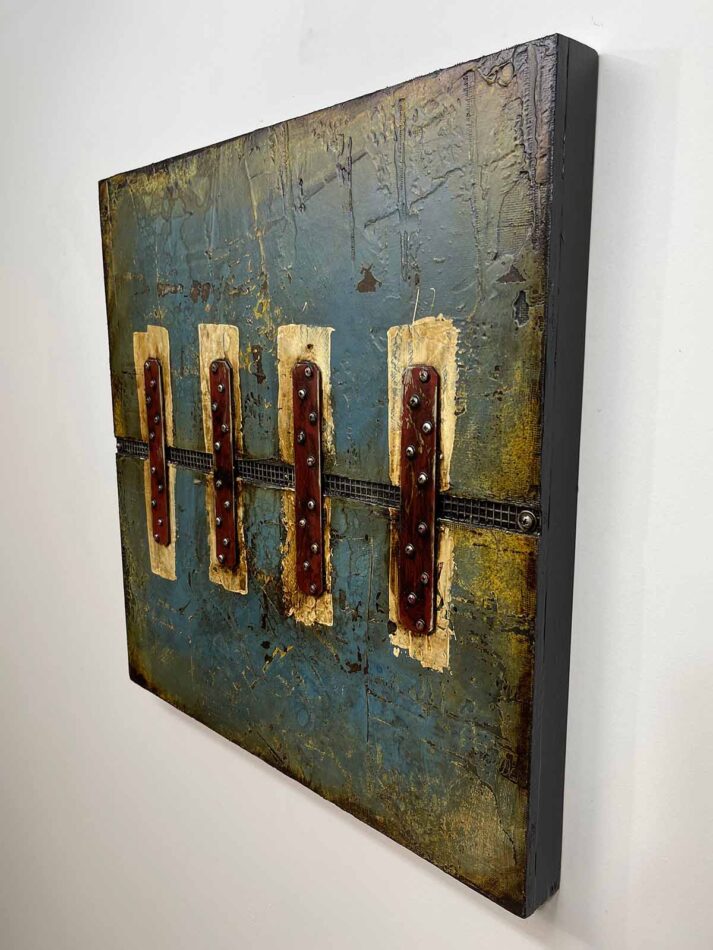 Abstract art with assemblage elements | Artist: Domenick Naccarato | Title: Four 12ga Strap Ties Across a Textured Surface | Dimensions: 23.5" x 23.5" | Mediums: strap ties, screws, washers, wire mesh, latex paint, oil stick, roofing tar, and polyurethane on plywood | Year: 2021