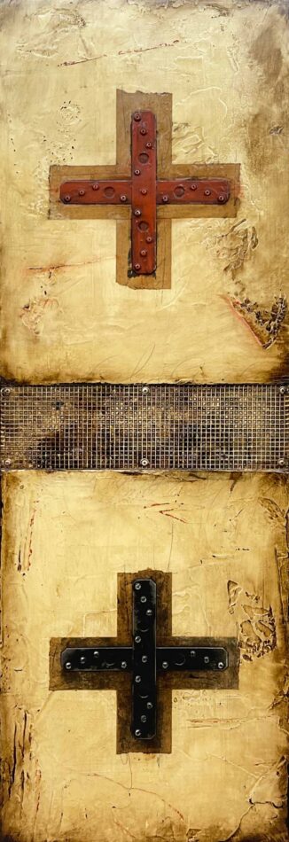 Abstract assemblage art using construction hardware. Two Sets of Crossed Tie Straps | 48" x 16" | tie straps, wire mesh, screws, washers, gummed paper tape, latex paint, oil stick, pencil, polyurethane, and roofing tar on plywood | 2021