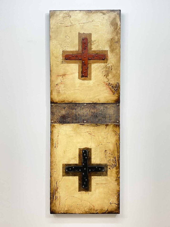 Abstract assemblage art using construction hardware. Two Sets of Crossed Tie Straps | 48" x 16" | tie straps, wire mesh, screws, washers, gummed paper tape, latex paint, oil stick, pencil, polyurethane, and roofing tar on plywood | 2021