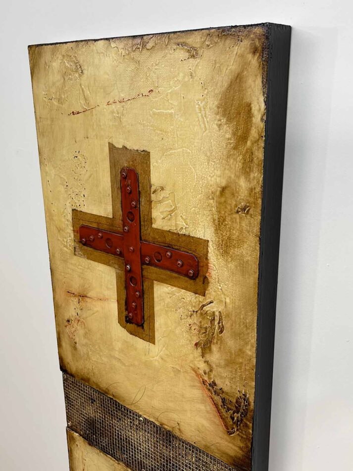 Abstract assemblage art using construction hardware. Two Sets of Crossed Tie Straps | 48" x 16" | tie straps, wire mesh, screws, washers, gummed paper tape, latex paint, oil stick, pencil, polyurethane, and roofing tar on plywood | 2021