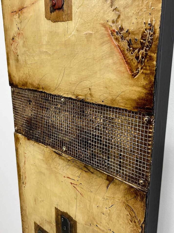 Abstract assemblage art using construction hardware. Two Sets of Crossed Tie Straps | 48" x 16" | tie straps, wire mesh, screws, washers, gummed paper tape, latex paint, oil stick, pencil, polyurethane, and roofing tar on plywood | 2021