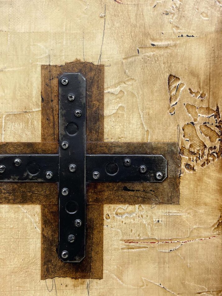 Abstract assemblage art using construction hardware. Two Sets of Crossed Tie Straps | 48" x 16" | tie straps, wire mesh, screws, washers, gummed paper tape, latex paint, oil stick, pencil, polyurethane, and roofing tar on plywood | 2021