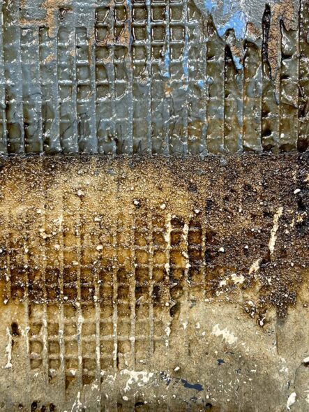 Surface detail of Distressed Surfaces No. 3 | mixed mediums on cradled panel | 10.5” x 10.5” x 2” | 2024