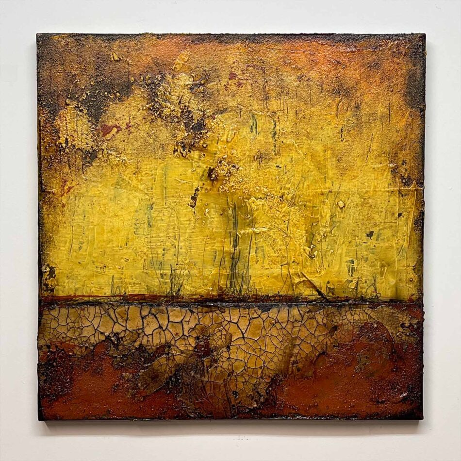 Distressed Surfaces No. 11 | joint compound, acrylic mediums, latex paint, sand, pencil, roofing tar, asphalt cotton membrane, and polyurethane on canvas | 20” x 20” | 2024