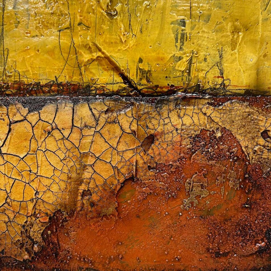 Distressed Surfaces No. 11 | joint compound, acrylic mediums, latex paint, sand, pencil, roofing tar, asphalt cotton membrane, and polyurethane on canvas | 20” x 20” | 2024