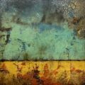 Distressed Surfaces No. 12 | joint compound, acrylic mediums, latex paint, sand, pencil, roofing tar, asphalt cotton membrane, and polyurethane on canvas | 20” x 20” | 2024