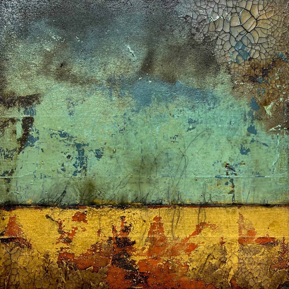 Distressed Surfaces No. 12 | joint compound, acrylic mediums, latex paint, sand, pencil, roofing tar, asphalt cotton membrane, and polyurethane on canvas | 20” x 20” | 2024