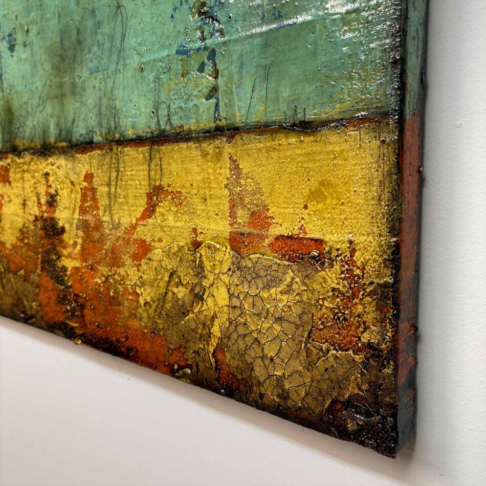 Distressed Surfaces No. 12 | joint compound, acrylic mediums, latex paint, sand, pencil, roofing tar, asphalt cotton membrane, and polyurethane on canvas | 20” x 20” | 2024