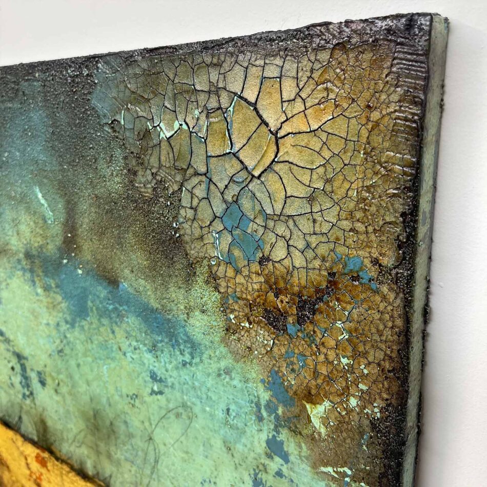 Distressed Surfaces No. 12 | joint compound, acrylic mediums, latex paint, sand, pencil, roofing tar, asphalt cotton membrane, and polyurethane on canvas | 20” x 20” | 2024