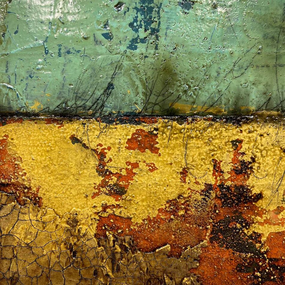 Distressed Surfaces No. 12 | joint compound, acrylic mediums, latex paint, sand, pencil, roofing tar, asphalt cotton membrane, and polyurethane on canvas | 20” x 20” | 2024