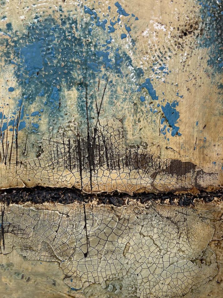 Distressed Surfaces No. 13 | enamel paint, acrylic paste, and roofing tar on polystyrene | 17” x 17” x 2.5” | 2025