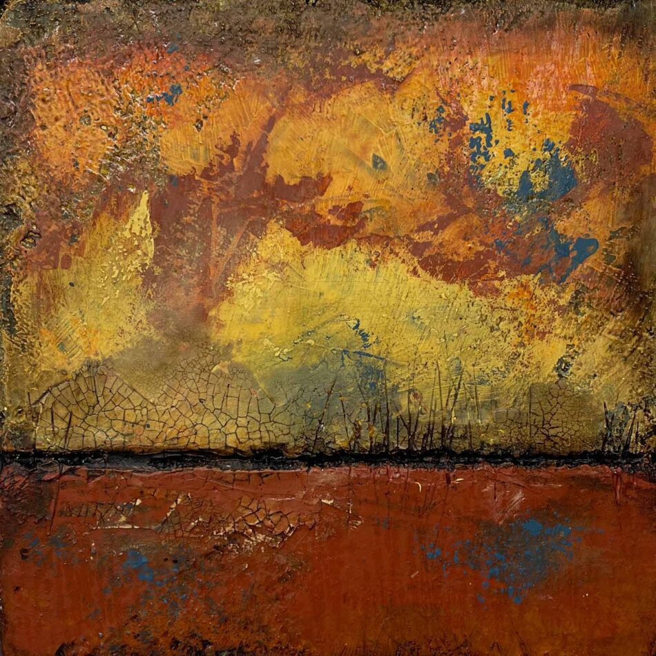 Distressed Surfaces No. 14 | enamel paint, acrylic paste, and roofing tar on polystyrene | 17” x 17” x 2.5” | 2025