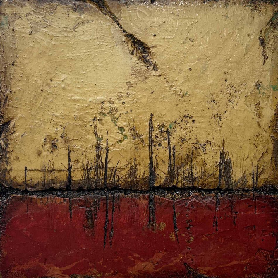 Distressed Surfaces No. 15 | enamel paint, acrylic paste, and roofing tar on polystyrene | 17” x 17” x 2.5” | 2025