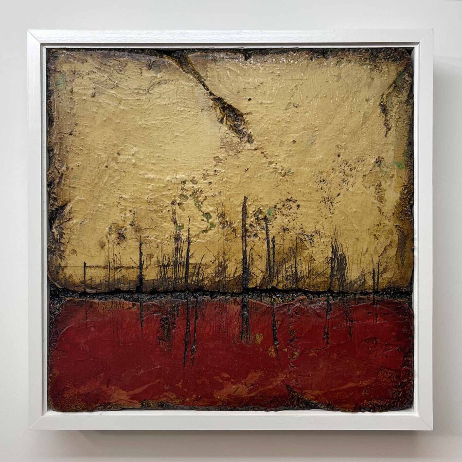 Distressed Surfaces No. 15 | enamel paint, acrylic paste, and roofing tar on polystyrene | 17” x 17” x 2.5” | 2025
