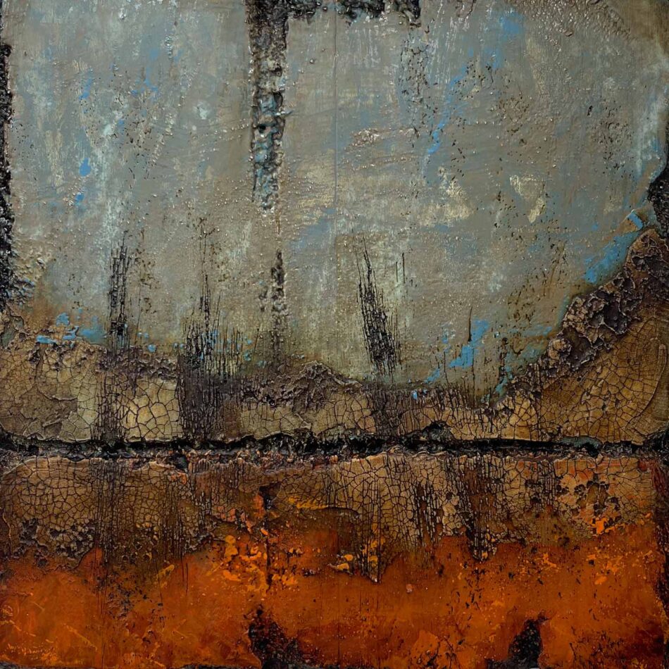 Distressed Surfaces No. 17 | enamel paint, acrylic paste, and roofing tar on polystyrene | 17” x 17” x 2.5” | 2025