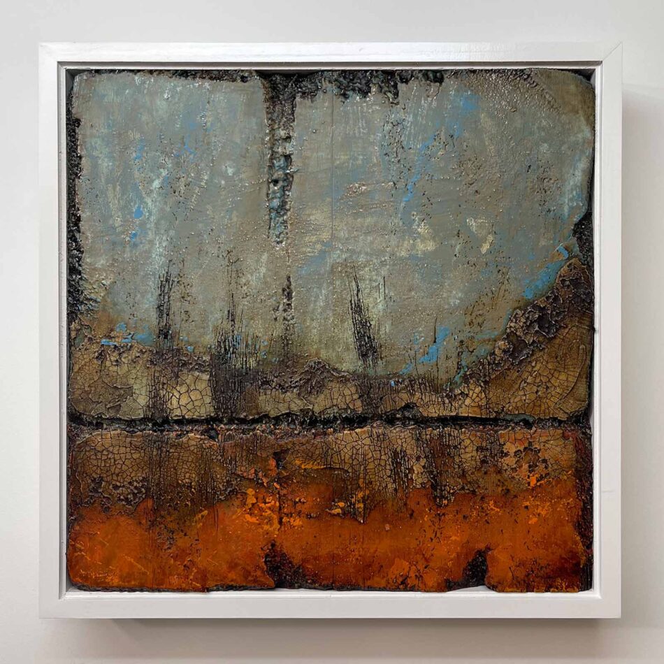 Distressed Surfaces No. 17 | enamel paint, acrylic paste, and roofing tar on polystyrene | 17” x 17” x 2.5” | 2025