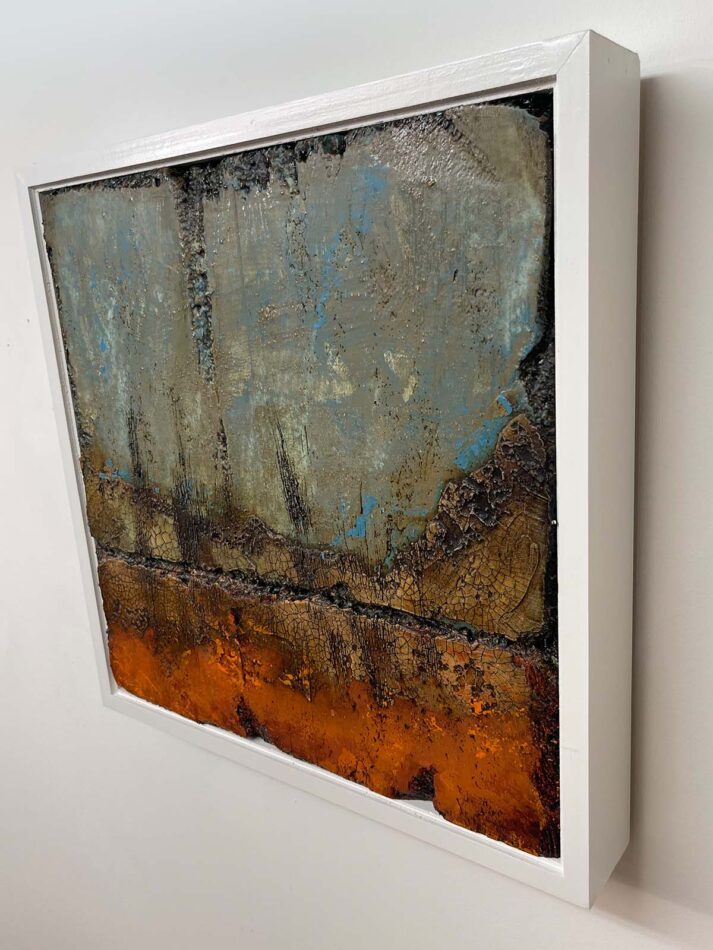 Distressed Surfaces No. 17 | enamel paint, acrylic paste, and roofing tar on polystyrene | 17” x 17” x 2.5” | 2025