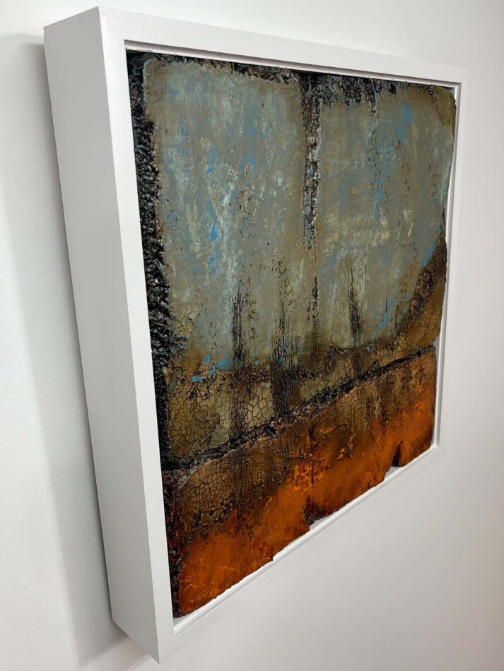 Distressed Surfaces No. 17 | enamel paint, acrylic paste, and roofing tar on polystyrene | 17” x 17” x 2.5” | 2025