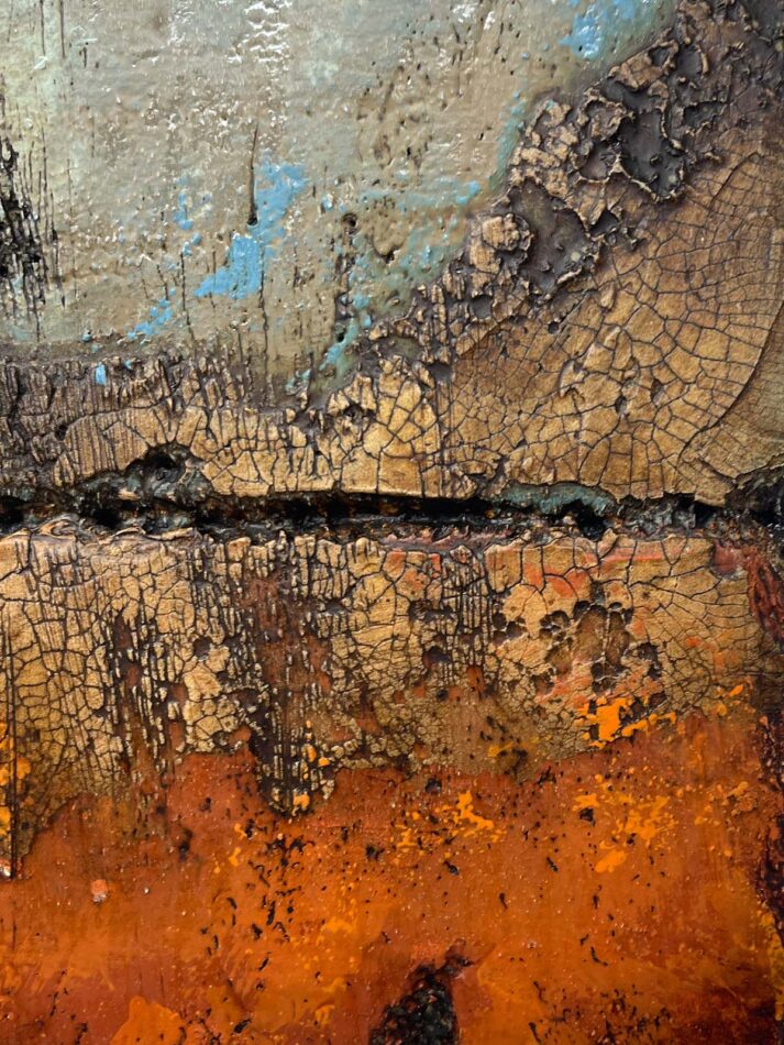Distressed Surfaces No. 17 | enamel paint, acrylic paste, and roofing tar on polystyrene | 17” x 17” x 2.5” | 2025