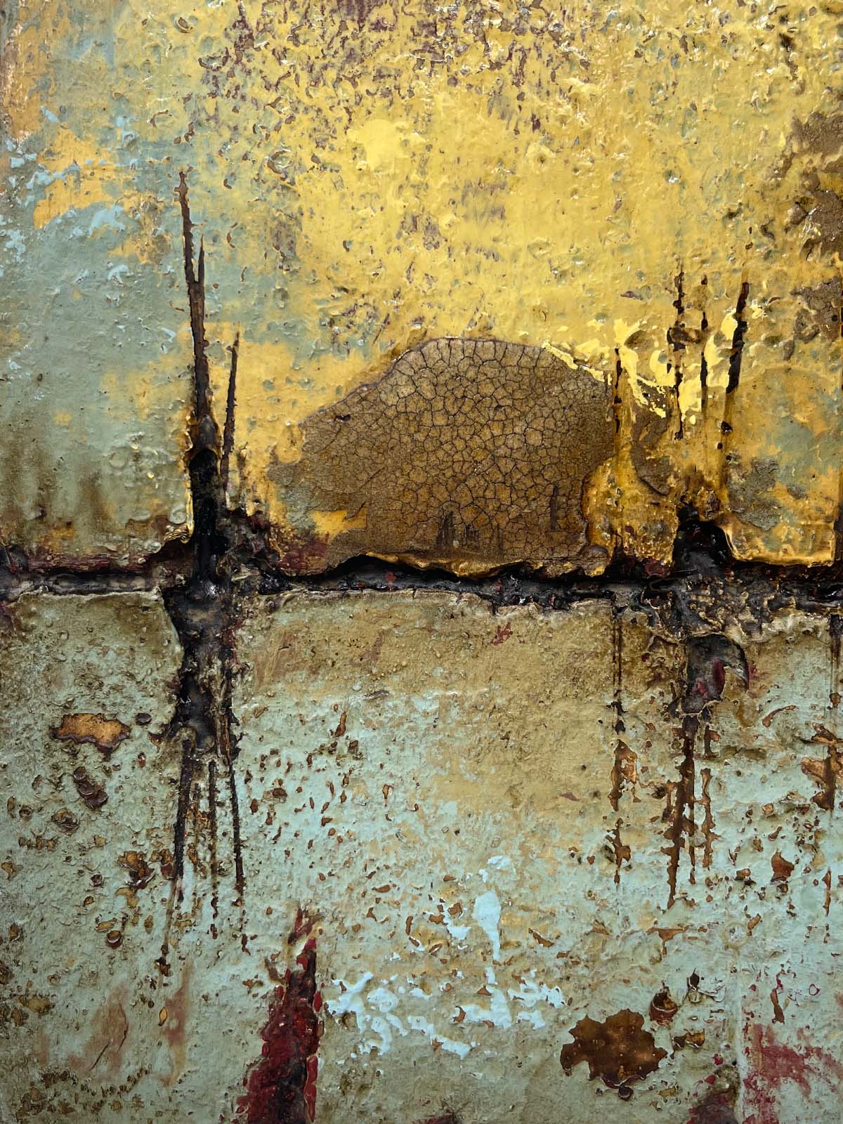 Distressed Surfaces No. 19 | enamel paint, acrylic paste, and roofing tar on polystyrene | 17” x 17” x 2.5” | 2025