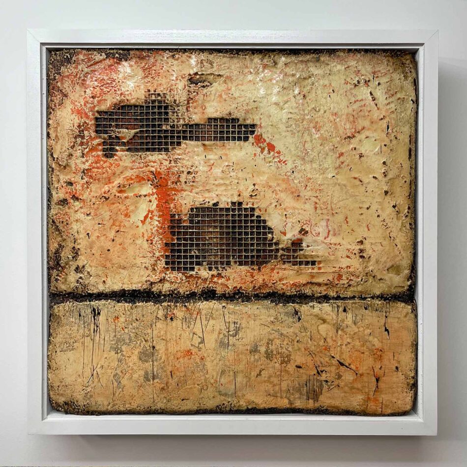Distressed Surfaces No. 20 | enamel paint, acrylic paste, wire mesh, joint compound, and roofing tar on polystyrene | 17” x 17” x 2.5” | 2025