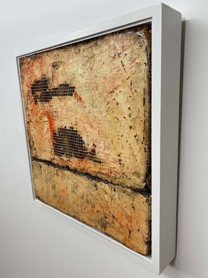 Distressed Surfaces No. 20 | enamel paint, acrylic paste, wire mesh, joint compound, and roofing tar on polystyrene | 17” x 17” x 2.5” | 2025