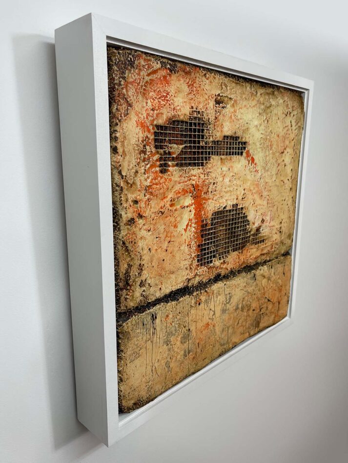 Distressed Surfaces No. 20 | enamel paint, acrylic paste, wire mesh, joint compound, and roofing tar on polystyrene | 17” x 17” x 2.5” | 2025
