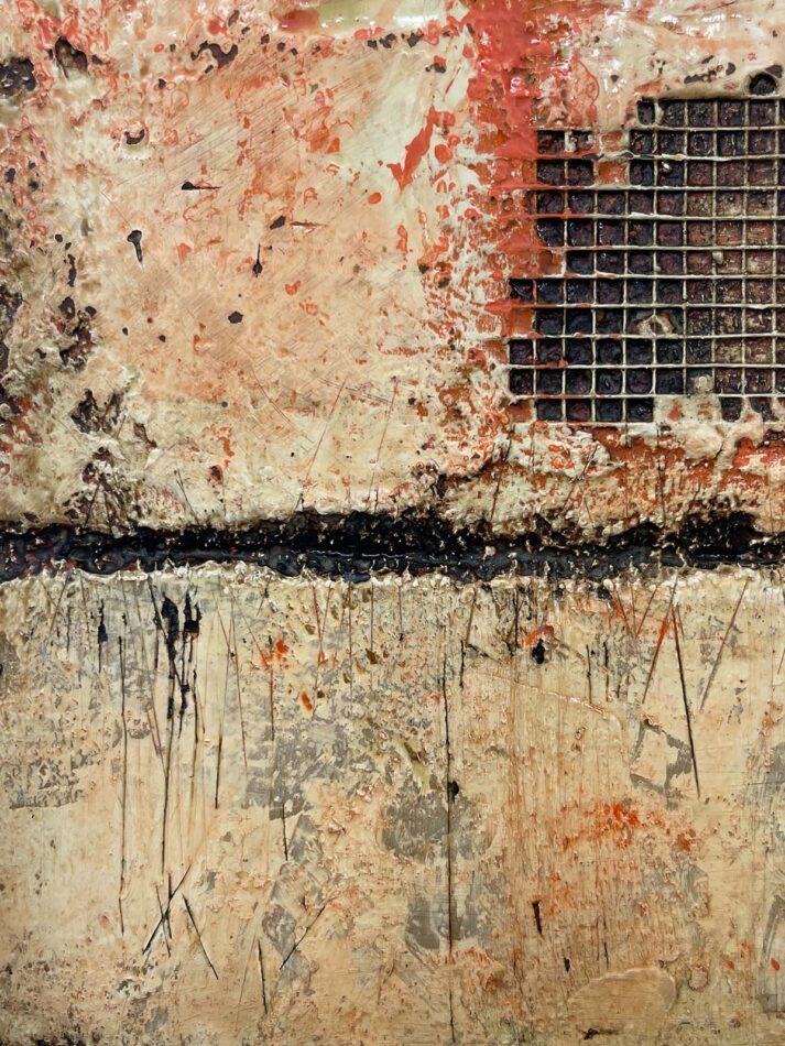 Distressed Surfaces No. 20 | enamel paint, acrylic paste, wire mesh, joint compound, and roofing tar on polystyrene | 17” x 17” x 2.5” | 2025