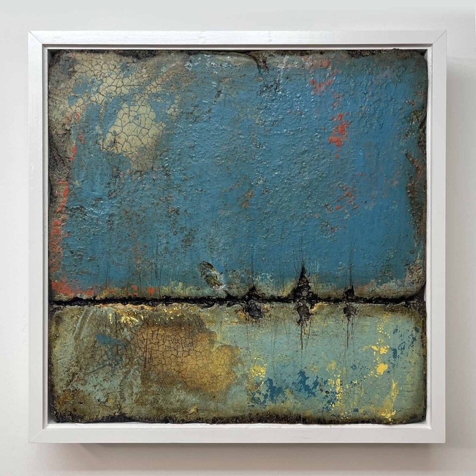 Distressed Surfaces No. 21 | enamel paint, acrylic paste, and roofing tar on polystyrene | 17” x 17” x 2.5” | 2025