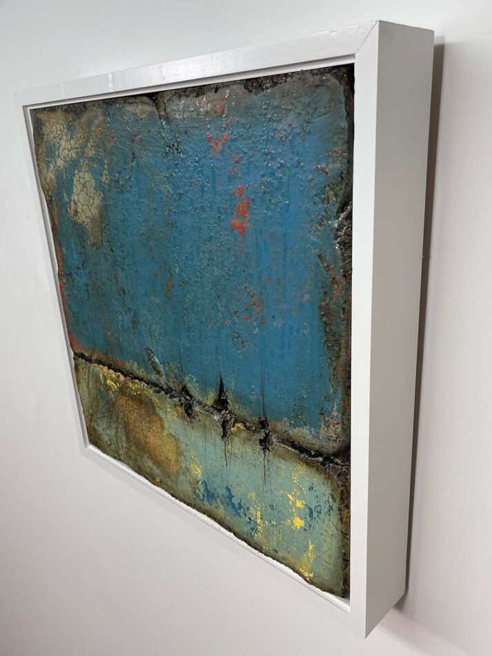 Distressed Surfaces No. 21 | enamel paint, acrylic paste, and roofing tar on polystyrene | 17” x 17” x 2.5” | 2025