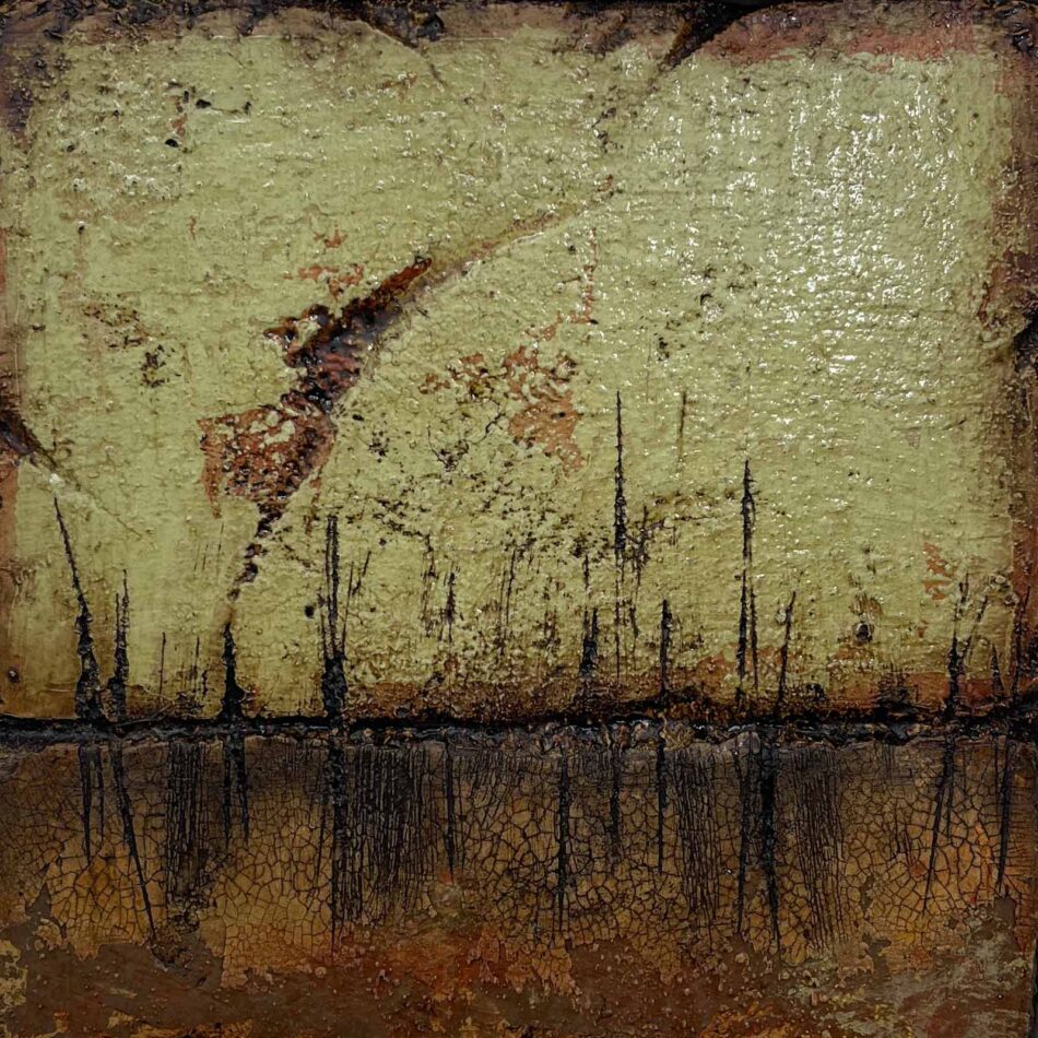 Distressed Surfaces No. 22 | enamel paint, acrylic paste, and roofing tar on polystyrene | 17” x 17” x 2.5” | 2025