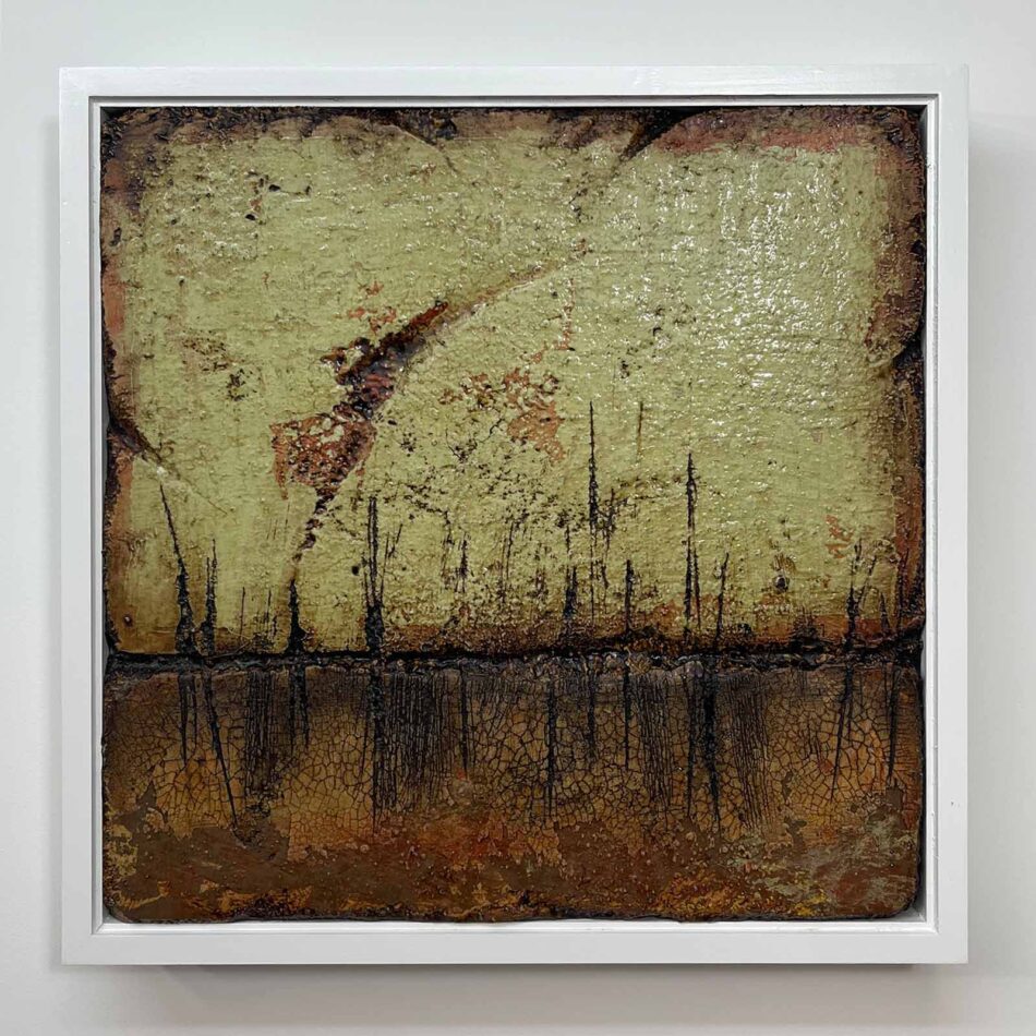 Distressed Surfaces No. 22 | enamel paint, acrylic paste, and roofing tar on polystyrene | 17” x 17” x 2.5” | 2025