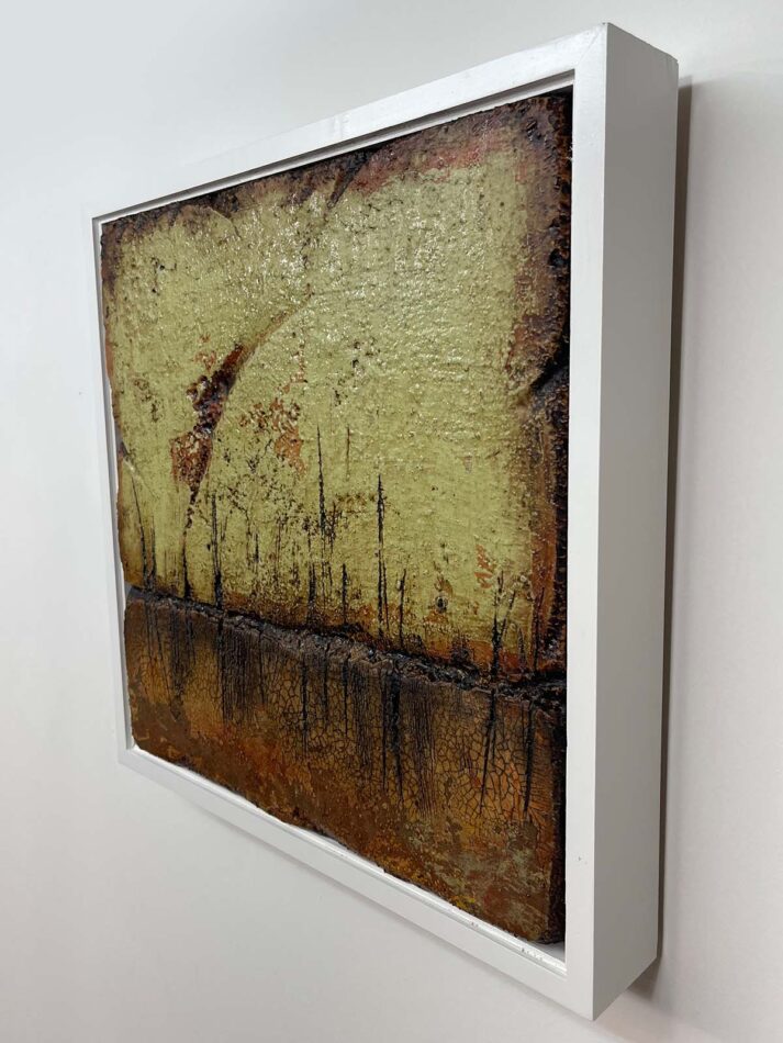 Distressed Surfaces No. 22 | enamel paint, acrylic paste, and roofing tar on polystyrene | 17” x 17” x 2.5” | 2025