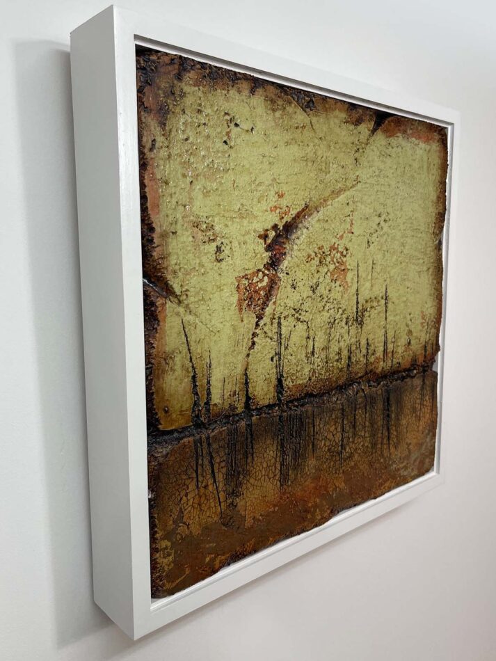Distressed Surfaces No. 22 | enamel paint, acrylic paste, and roofing tar on polystyrene | 17” x 17” x 2.5” | 2025