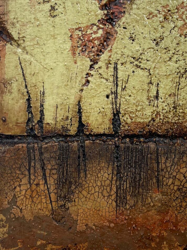 Distressed Surfaces No. 22 | enamel paint, acrylic paste, and roofing tar on polystyrene | 17” x 17” x 2.5” | 2025