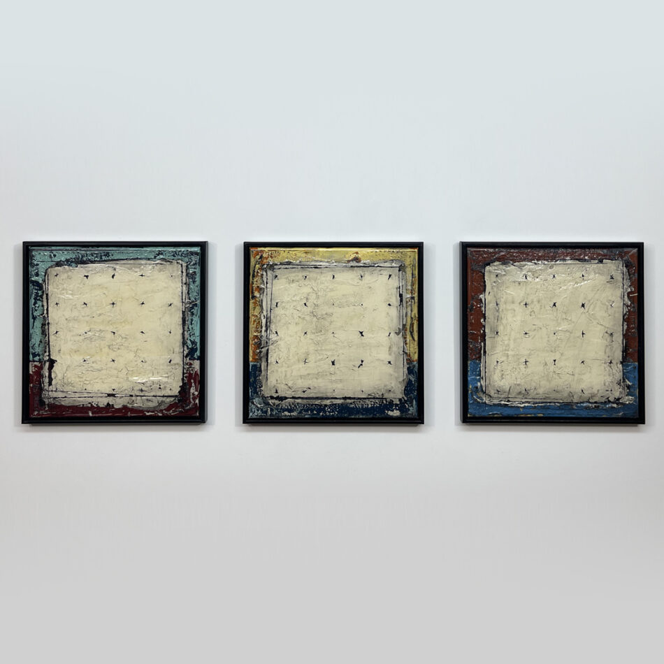 Surface Point Grid Triptych | mixed mediums on canvas | 12.5” x 12.5” each | 2024