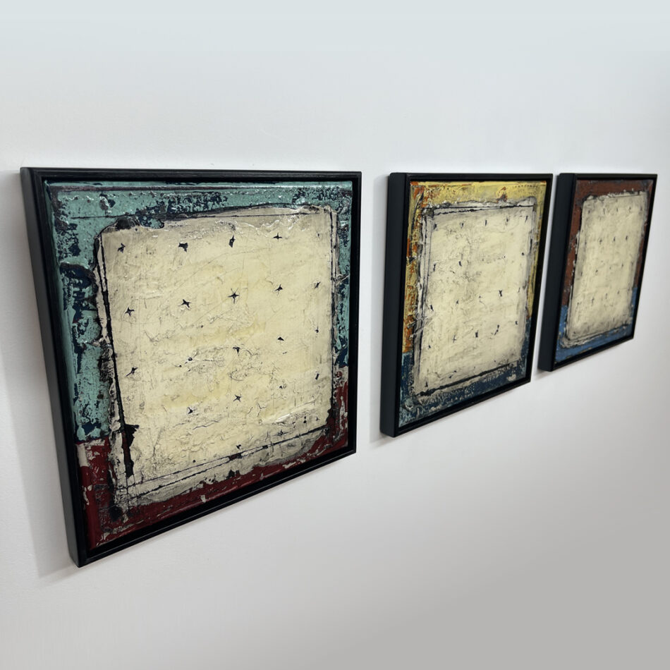 Surface Point Grid Triptych | mixed mediums on canvas | 12.5” x 12.5” each | 2024