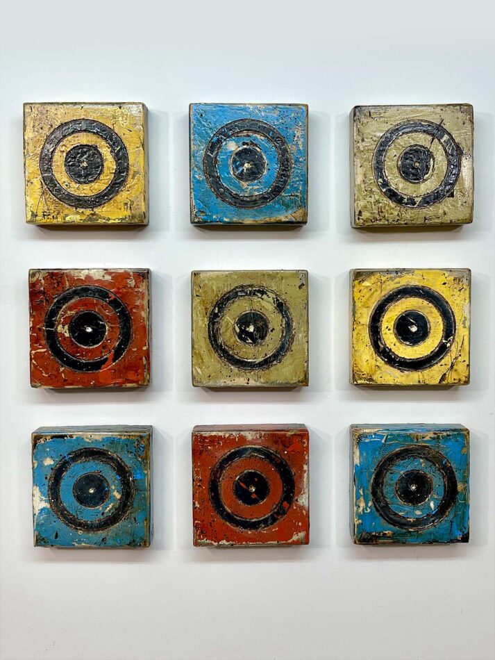 Targeted Variations | enamel paint, joint compound, roofing tar, and polyurethane on wood | apx. 21” x 21” | 2024