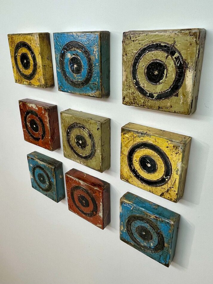 Targeted Variations | enamel paint, joint compound, roofing tar, and polyurethane on wood | apx. 21” x 21” | 2024