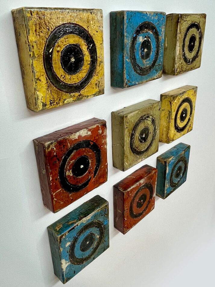 Targeted Variations | enamel paint, joint compound, roofing tar, and polyurethane on wood | apx. 21” x 21” | 2024