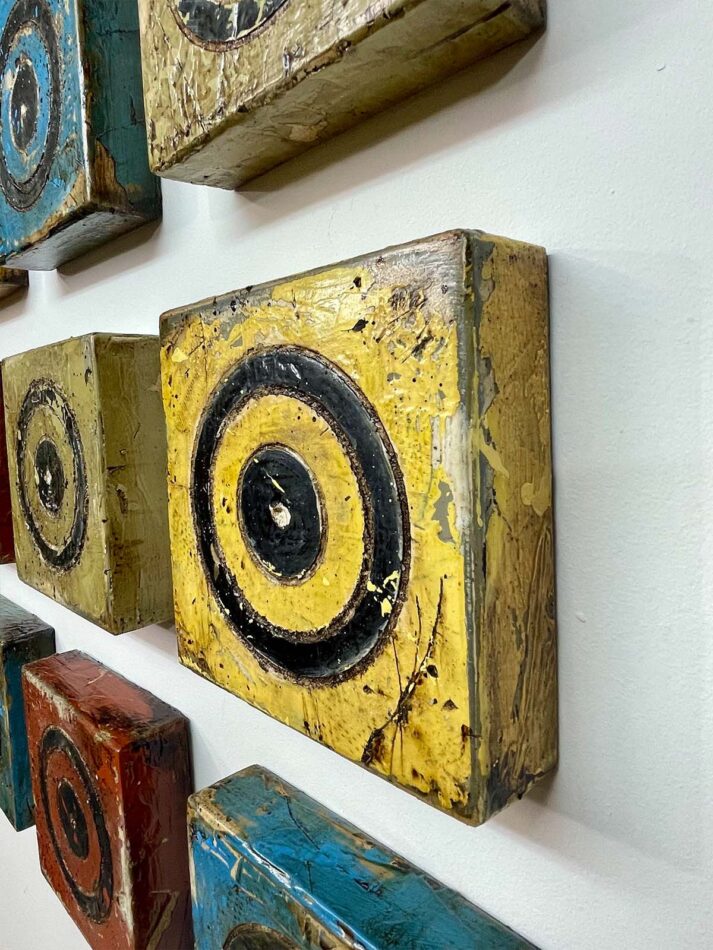 Targeted Variations | enamel paint, joint compound, roofing tar, and polyurethane on wood | apx. 21” x 21” | 2024