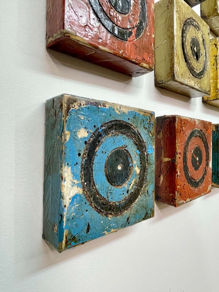 Targeted Variations | enamel paint, joint compound, roofing tar, and polyurethane on wood | apx. 21” x 21” | 2024