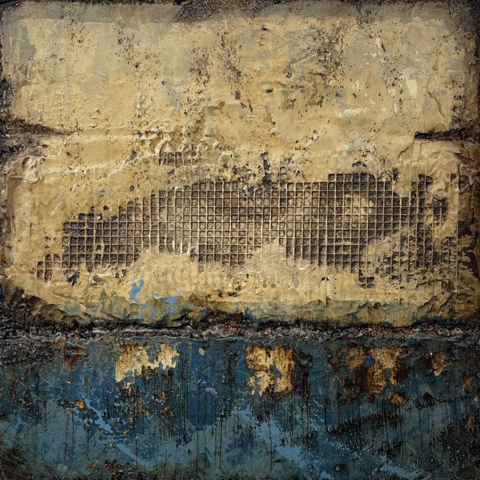 Distressed Surfaces No. 16 | enamel paint, acrylic paste, wire mesh, joint compound, and roofing tar on polystyrene | 17” x 17” x 2.5” | 2025