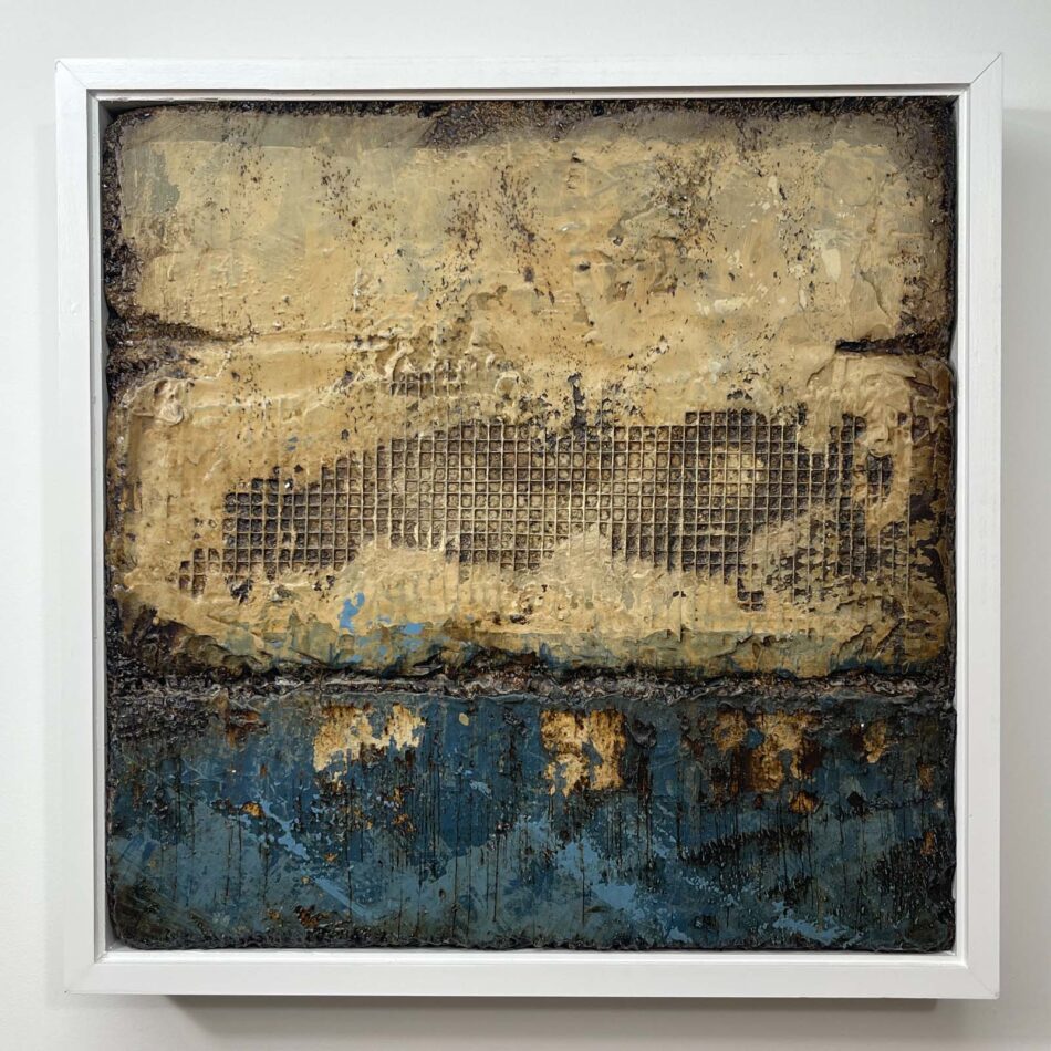 Distressed Surfaces No. 16 | enamel paint, acrylic paste, wire mesh, joint compound, and roofing tar on polystyrene | 17” x 17” x 2.5” | 2025