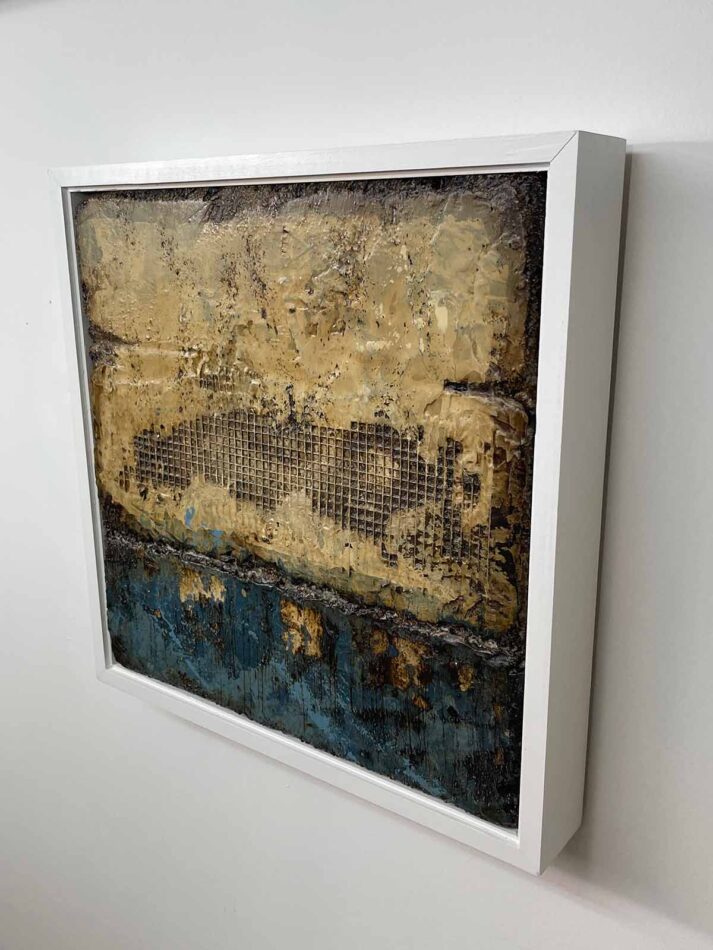 Distressed Surfaces No. 16 | enamel paint, acrylic paste, wire mesh, joint compound, and roofing tar on polystyrene | 17” x 17” x 2.5” | 2025