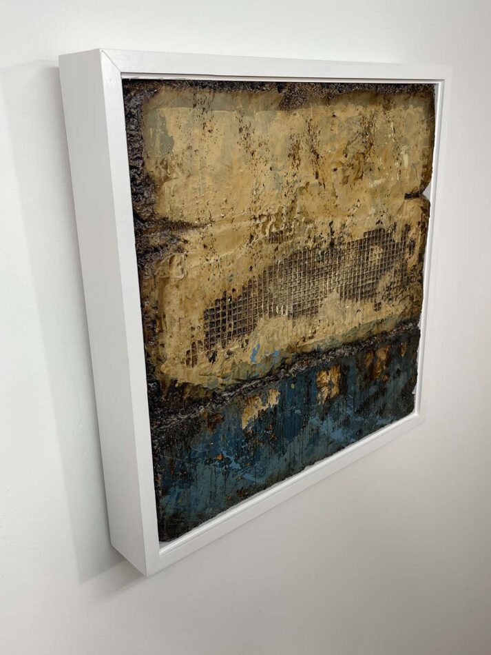 Distressed Surfaces No. 16 | enamel paint, acrylic paste, wire mesh, joint compound, and roofing tar on polystyrene | 17” x 17” x 2.5” | 2025
