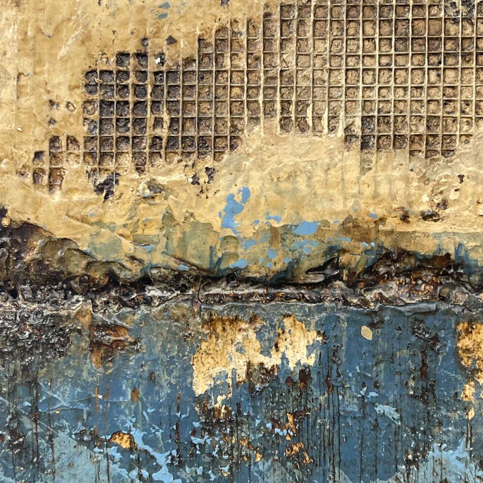 Distressed Surfaces No. 16 | enamel paint, acrylic paste, wire mesh, joint compound, and roofing tar on polystyrene | 17” x 17” x 2.5” | 2025